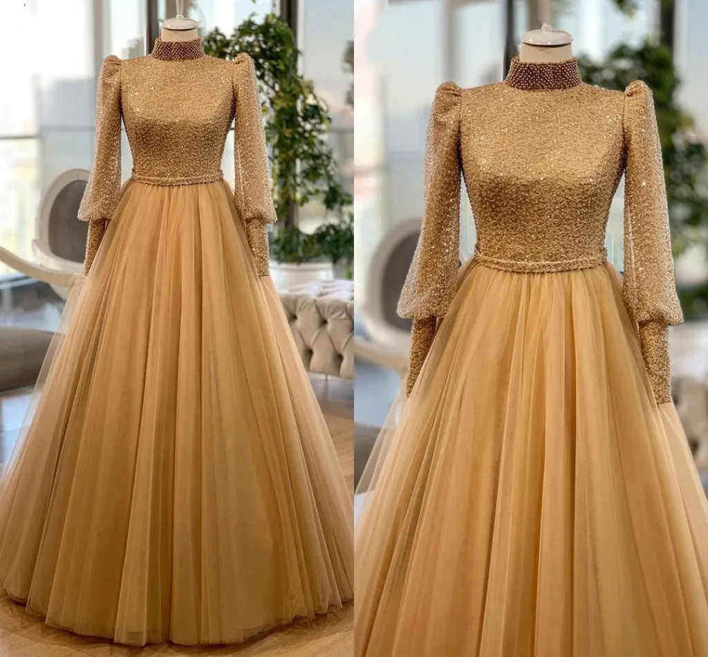 2022 Bling Gold Sequins Pearls Evening Dresses Prom Quinceanera A-Line High Neck Långärmad Muslim Formell Klänning Kvinnor Empire Midja