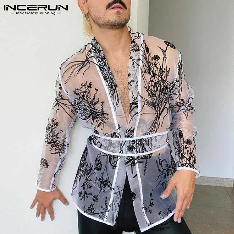 Männer Hemd gedrucktes Mesh sehen durch offene Stich Langarm-Tops mit Gürtel Streetwear 2021 Sexy Casual Party Camisa InfaRun S-5XL H1014