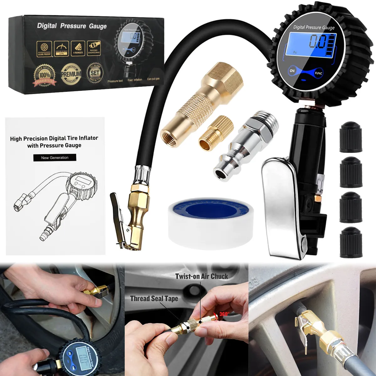 Digital Tire Inflator with Pressure Gauge 200 PSI Air Chuck for Truck/Car/Bike Digital Car Tire Air Pressure Inflator Gauge LCD