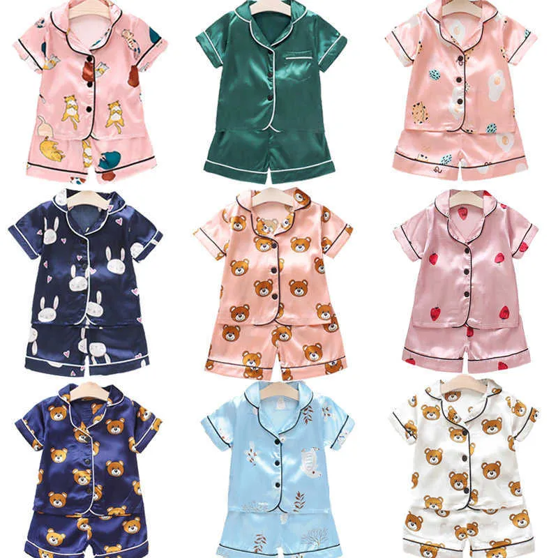 Casual Sleepwear Suit Clothes Silk Kids Baby Girls Pajamas Set Cute Children Clothing Short Sleeve Kids Pajamas for Boys 2021 X0719