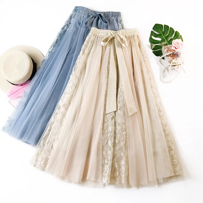 Mode Tutu Tulle Jupe Femmes Longue Maxi Jupe Coréenne Mignon Arc Taille Haute Jupe Plissée Femme École Soleil Spodnica 210419