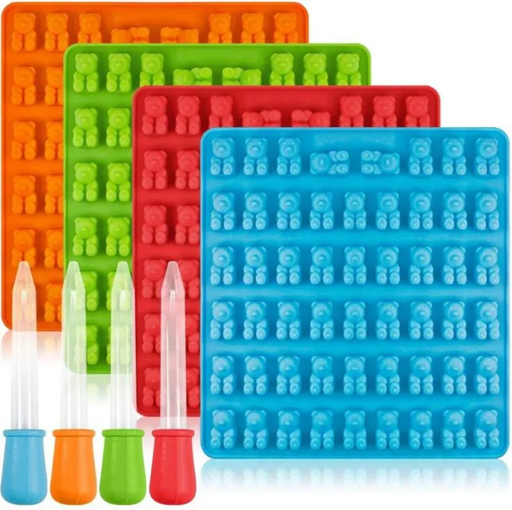 50pcs Baking Mould 53 / 50 Cavity Silicone Gummy Bear Chocolate Mold Candy Maker Ice cube Tray Jelly Moulds with Free Dropper