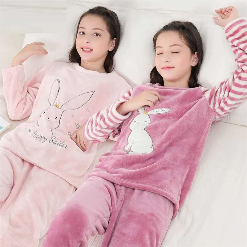 Ragazzi Ragazze Vestiti Pigiama Set Flanella Pile Caldo Catoon Sleepwear Teen Home Suit Inverno Autunno Primavera 6 8 10 12 14Y Pigiama Bambini 211130