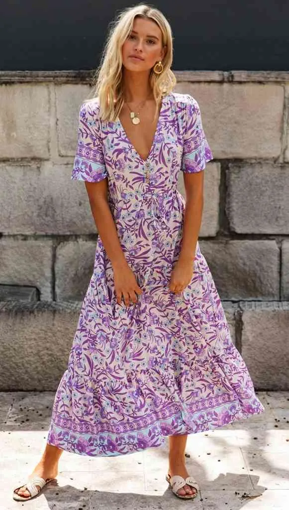 INSPIRED Lilac Floral Maxi V Neck Rayon Purple Casual Spring