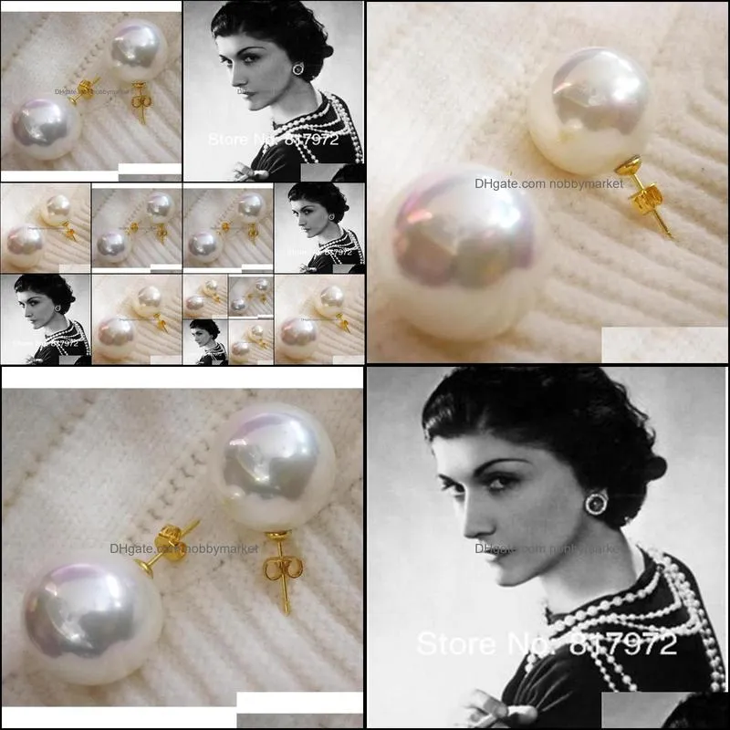 18mm white Shell Pearl gold Stud Earrings round ball beads Natural South Sea Shell Pearl Woman Jewelry 210323