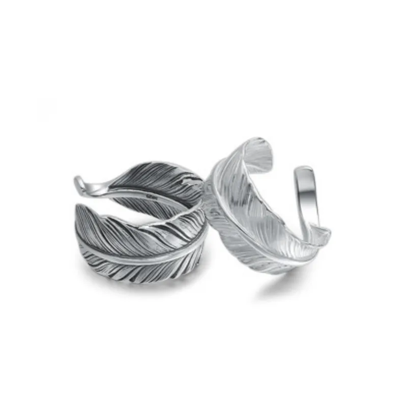 S925 Sterling Indian Open Man Women Thai Silver Personality Feather Ring Female Jewelry Gift