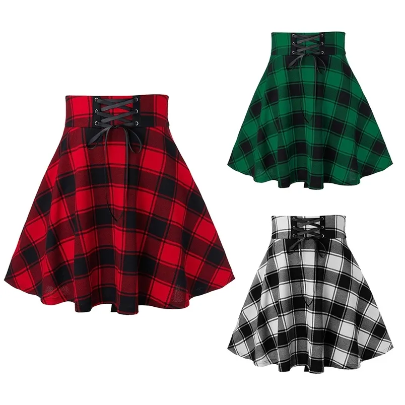 Gótico saia mulheres primavera verão streetwear cintura alta lace-up curto xadrez verde saias de lã mini tutu femme punk clubwear 210604