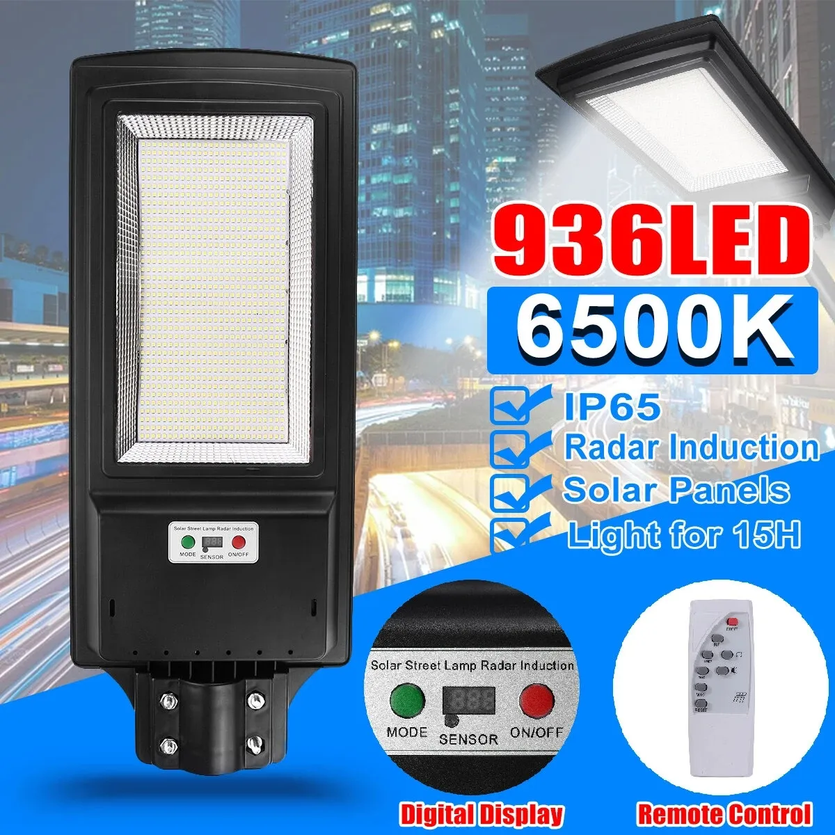 Solar Powered 936LED Street Light Radar Sensor Digital Display Wall Lamp Waterproof Garden Lighting with Remote Control