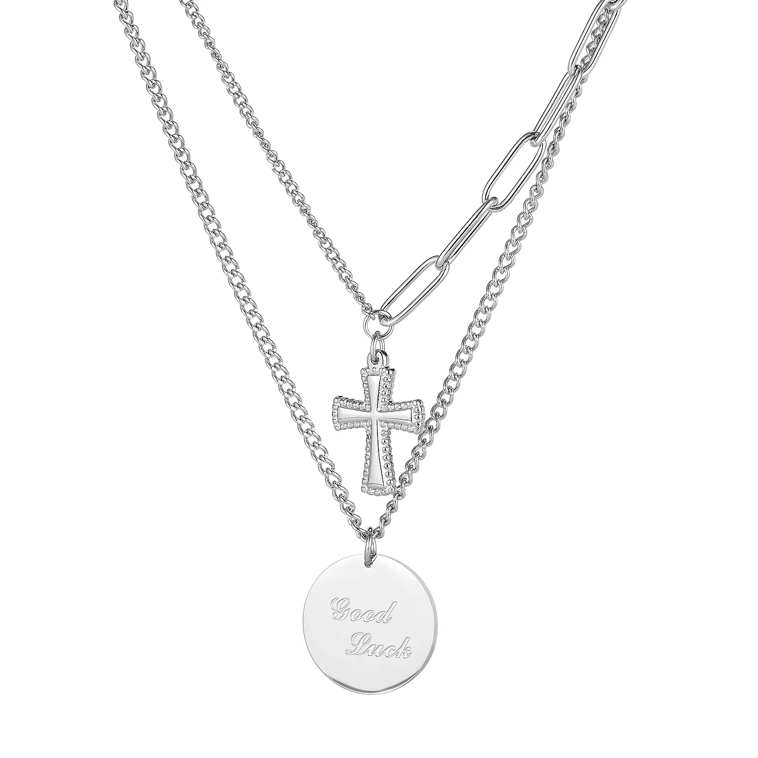 n1803 Muttertagsgeschenke, mehrschichtige Edelstahl-Halskette für Mädchen und Frauen, Kreuz mit Herz, Medaille, Chocker-Charms, viel Glück, Silber, 390 mm + 65 mm