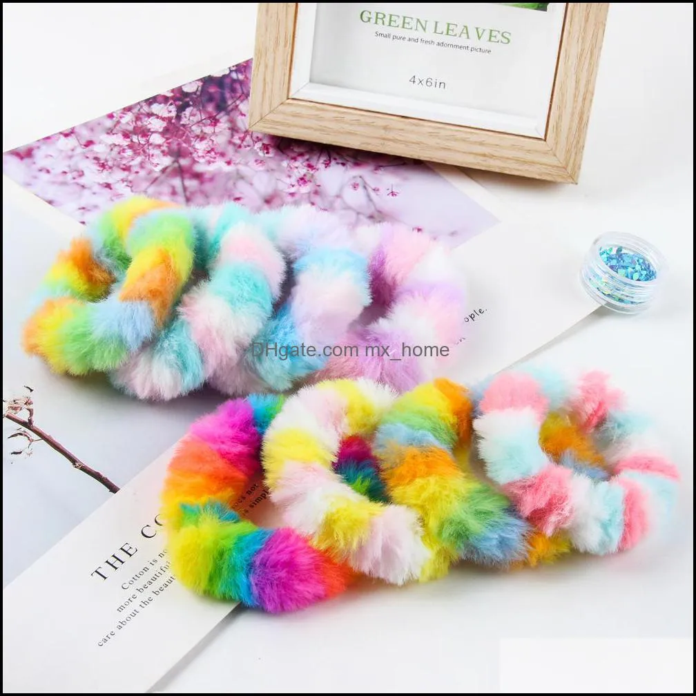 Ponytail Holder Hair Scrunchy Accessories Elastic Band Rainbow Plush Hairbands for Women Girl Ties Ropes Winter hairband Z5133