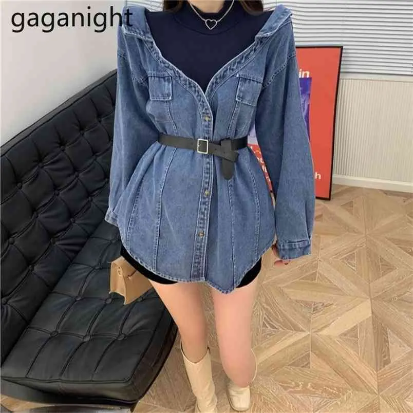 Korean style Spring Autumn Dresses Women Long Sleeve O-neck Mini Ladies Fake Two Pieces Slim Jeans 210601