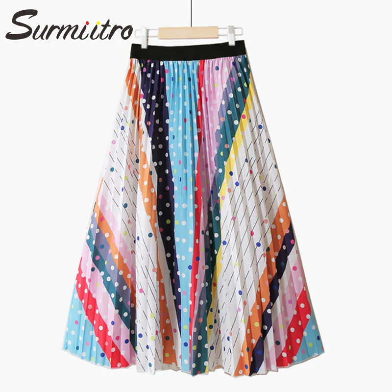 Surmiitro kleurrijke stippen gestreepte zomer midi lange geplooide rok vrouwen Koreaanse stijl midden-lengte hoge taille een lijn rok vrouw 210712