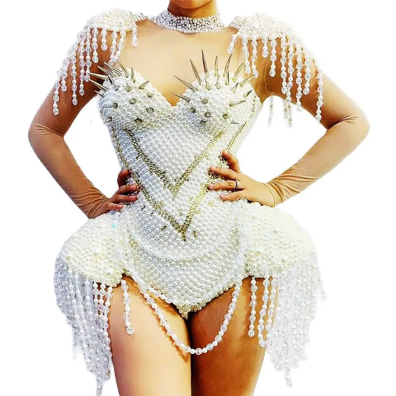 White Mesh Gauze Bodysuit Women Rhinestones Pearl Rivet Embellished Beaded Costume Nightclub Dance Show Wear Bar Club Stage