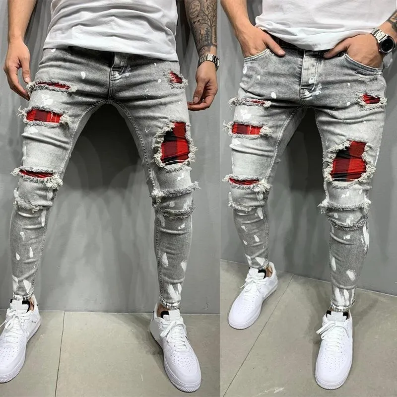 New Designer Jeans Men's Skinny Ripped Jeans Fashion Beggar Patches Slim  Stretch Denim Pants Hip Hop Jogging Trousers Streetwear