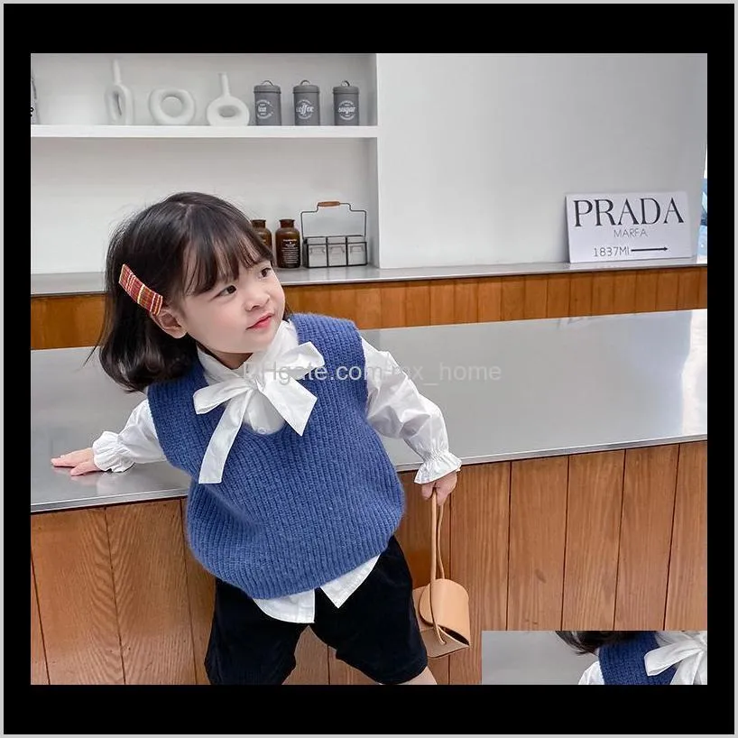 autumn baby girls knitted solid color sleeveless sweaters v-neck casual loose waistcoats kids soft tops 201126