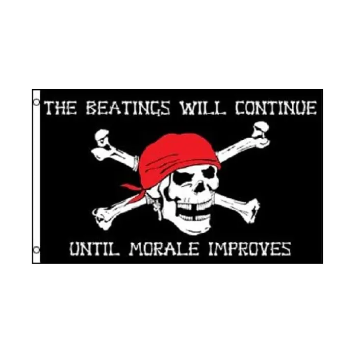 Flaggen von Jolly Roger Ship, 90 x 150 cm. Die Schläge werden weitergehen, bis sich die Moral verbessert. Außenbanner aus 100D-Polyester, lebendige Farben, hohe Qualität, mit zwei Messingösen