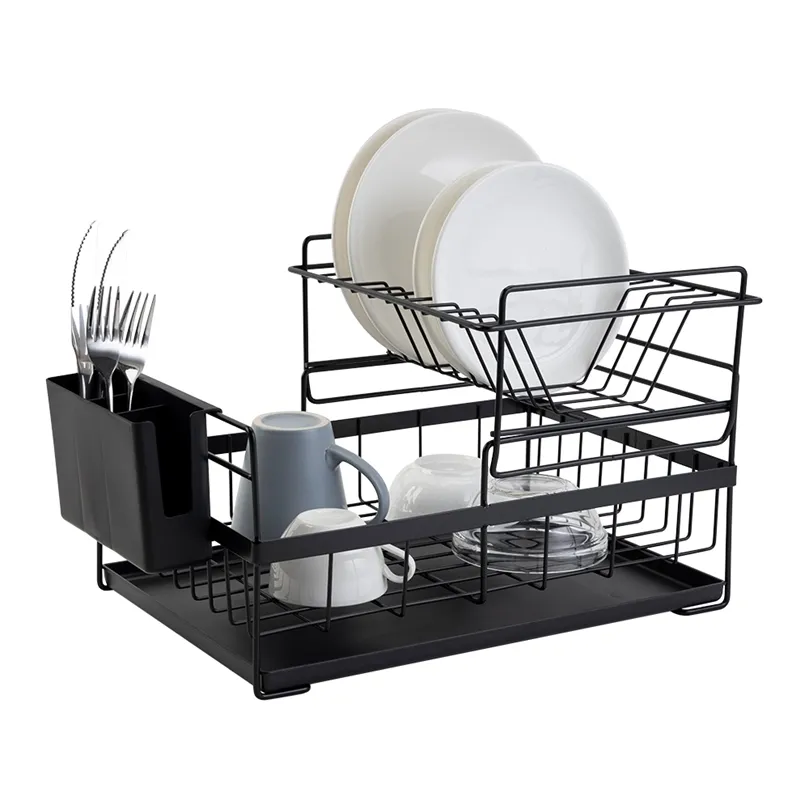 Dish Drying Rack with Drainboard Drainer Kitchen Light Duty Countertop Utensil Organizer Storage for Home Black White 2-Tier 210902