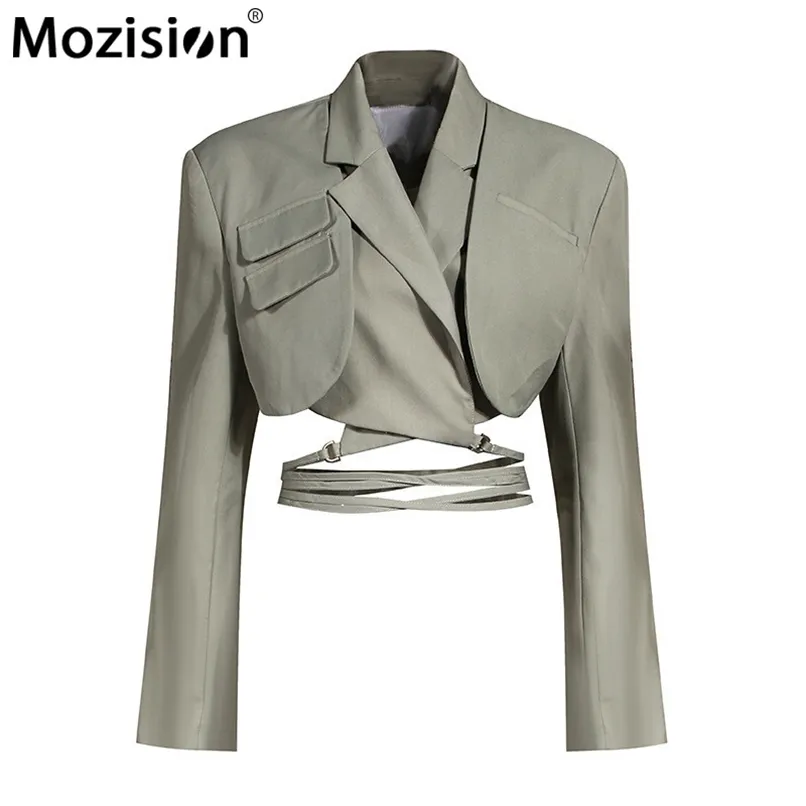 MOZISION Blazer élégant irrégulier pour femmes crantée manches longues à lacets Bowknot Blazers Femme Printemps Mode Manteau 210930