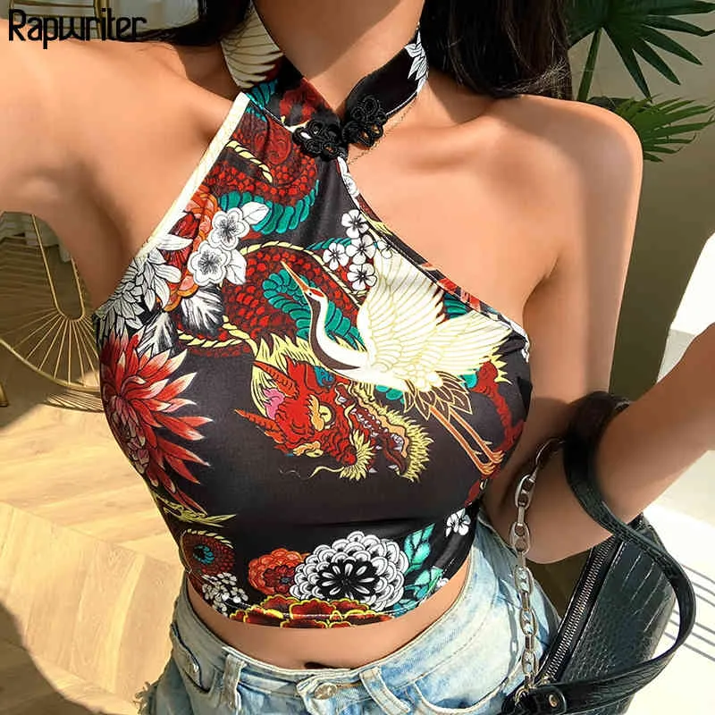 Rapwriter Sexy Backless Dragon Printed Summer Tank Tops Women Chinese Style Sleeveless Halter Crop Tops Fashion Clothes 210415