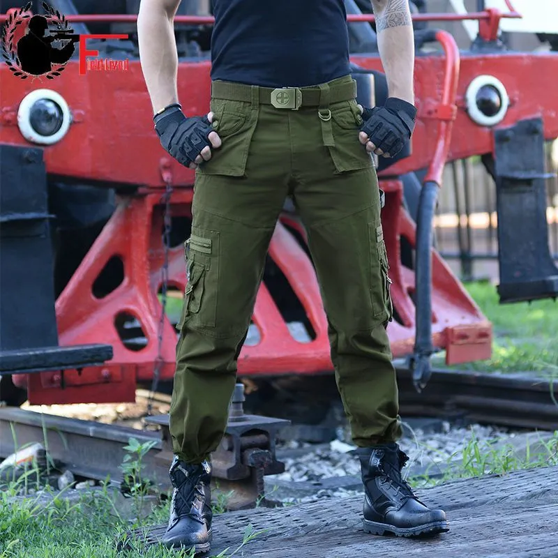 Veld leefde casual leger joggers heren tactische vele pocket rits vrachtbroek gevecht katoen rechte mannelijke broek groen zwart 210518