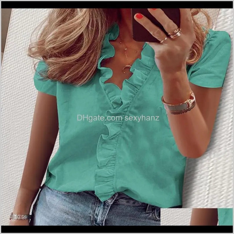 plus size lady daisy pineapple print ruffle blouse shirts office 2020 summer short sleeve elegant blouses women sexy v-neck tops1