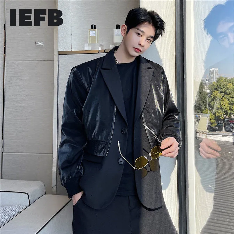 IEFB Men's Wear Handsome Fake Two Pieces Multi-layer Design Patchwork Blazer Fabric Men's Casual Jacket Coat Zipper Black 9Y5442 210524
