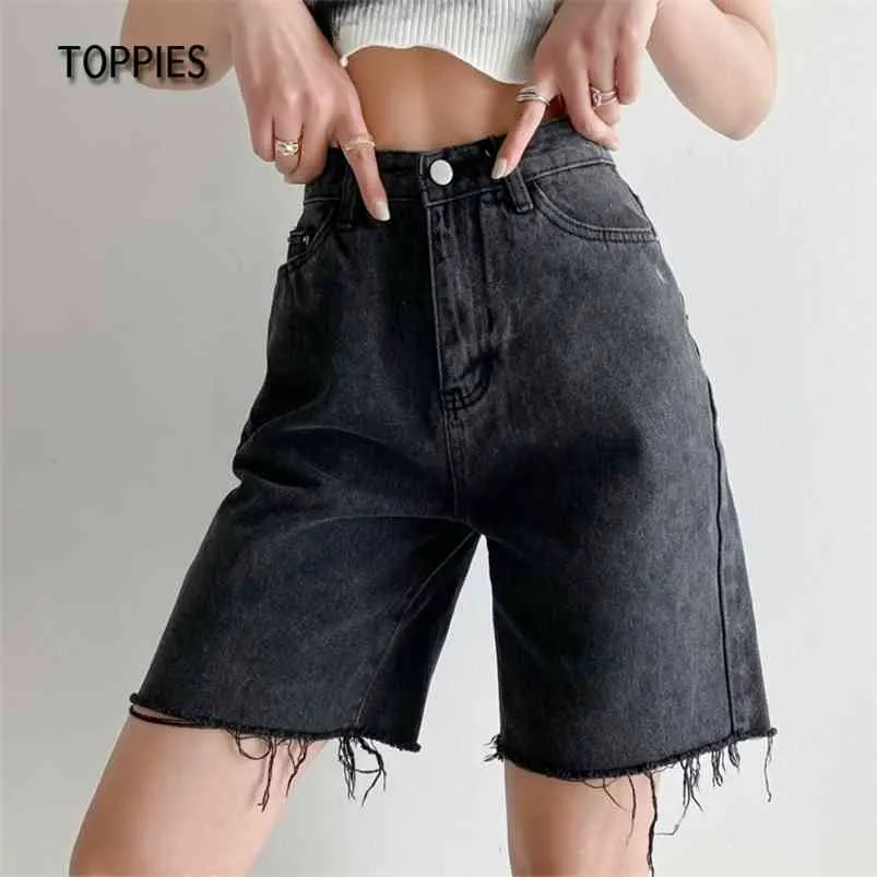 Sommar vit svart jeans shorts kvinna hög midja rippad tofs denim streetwear 210421