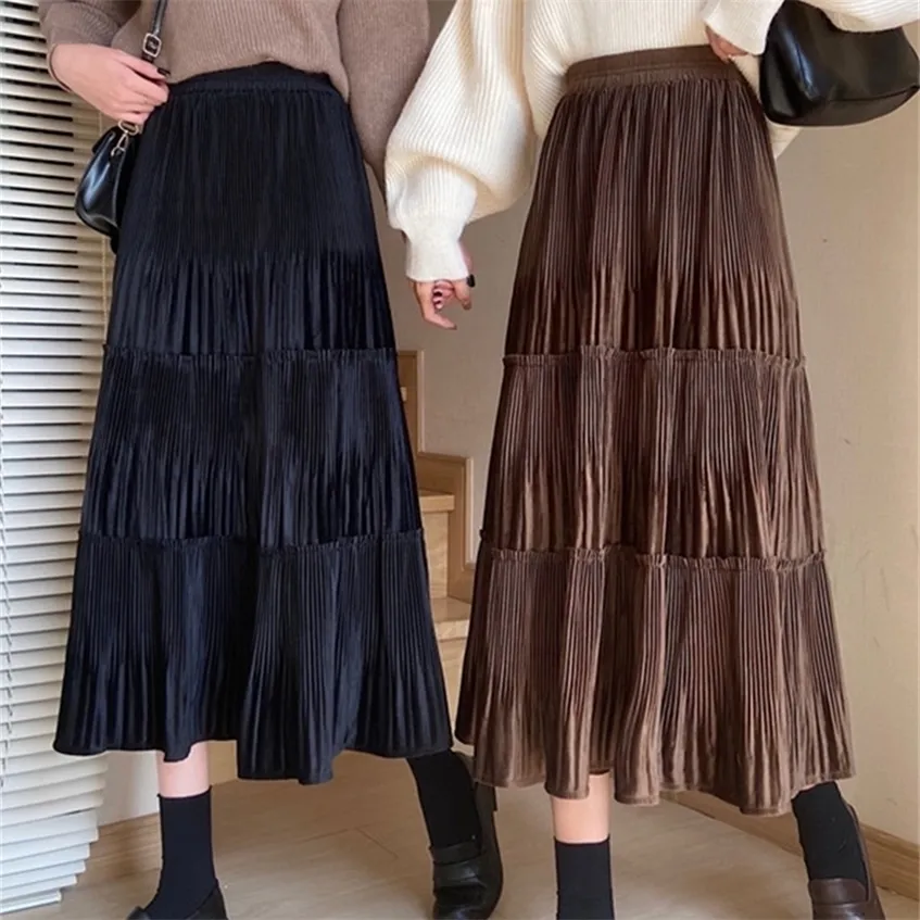 Surmiitro Superkvalitet sammet lång kjol Kvinnor Autumn Winter Korean Style Mid-Längd Hög midja veckad MIDI Kvinna 220224