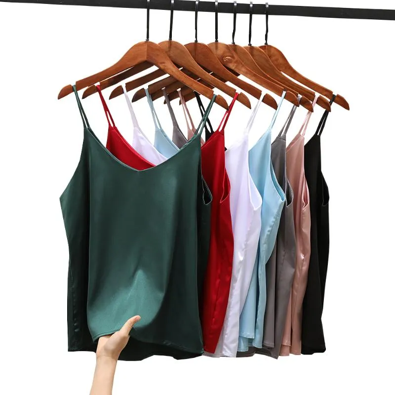 Women's Blouses & Shirts 2022 Spaghetti Strap Top Tank Blouse Women Camis Sleeveless Satin Silk Halter Tops Sexy Summer Camisole Blusa
