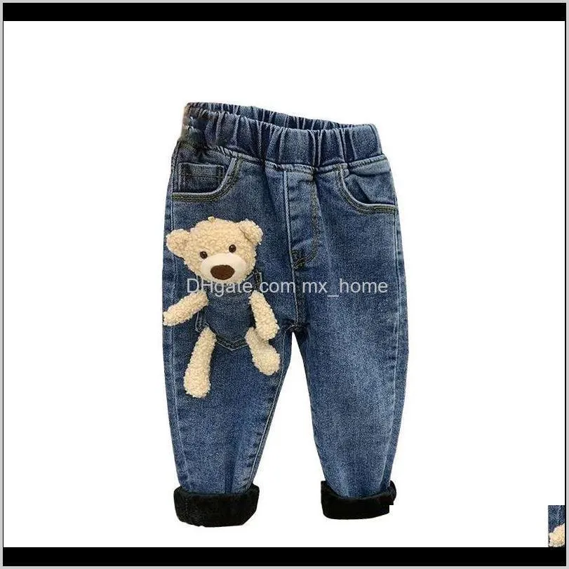 2-6 years winter girls boys cute cartoon bear jeans pant baby kids children thick warm fleece denim trousers 201204