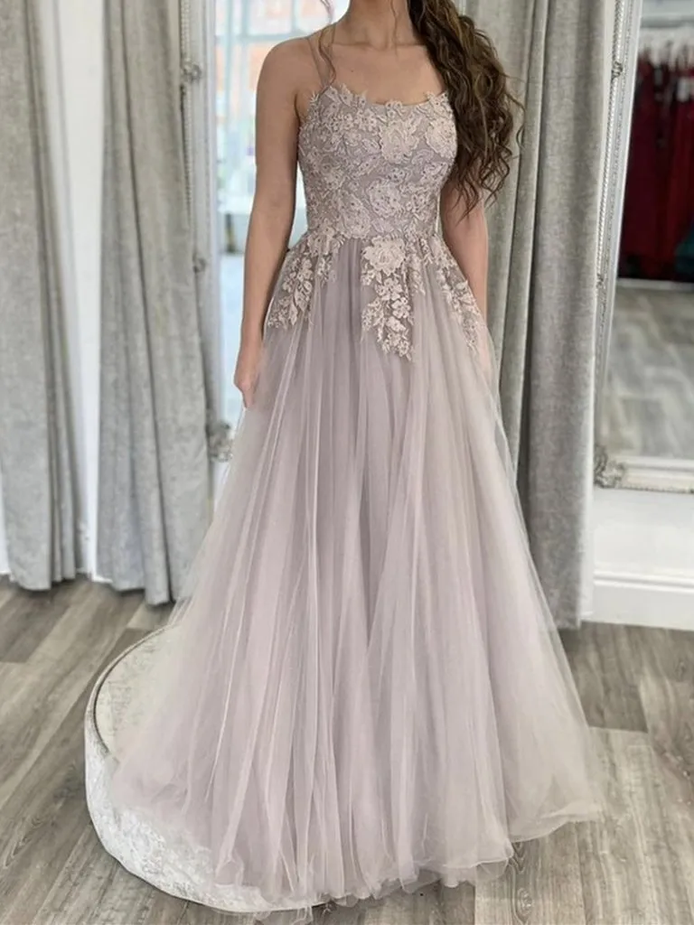 Robe de soirée en tulle gris clair avec appliques en dentelle perles doubles bretelles spaghetti A-ligne longues robes de bal pour les occasions formelles sur mesure