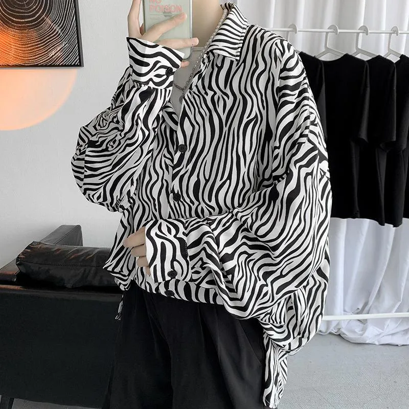 Koszule męskie Casual Neploha 21 Jesień przystojny Zebra Drukuj Koszula dla mężczyzn Lapel Loose Long Sleeve Bluza męska Unisex Topy