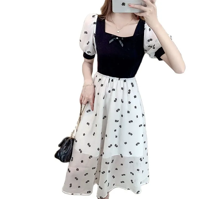 Retro Tasarım Sense Nazik Rüzgar Kare Boyun Kısa Kollu Elbise Zarif Kadın Yaz Moda Bayan Giyim 210520