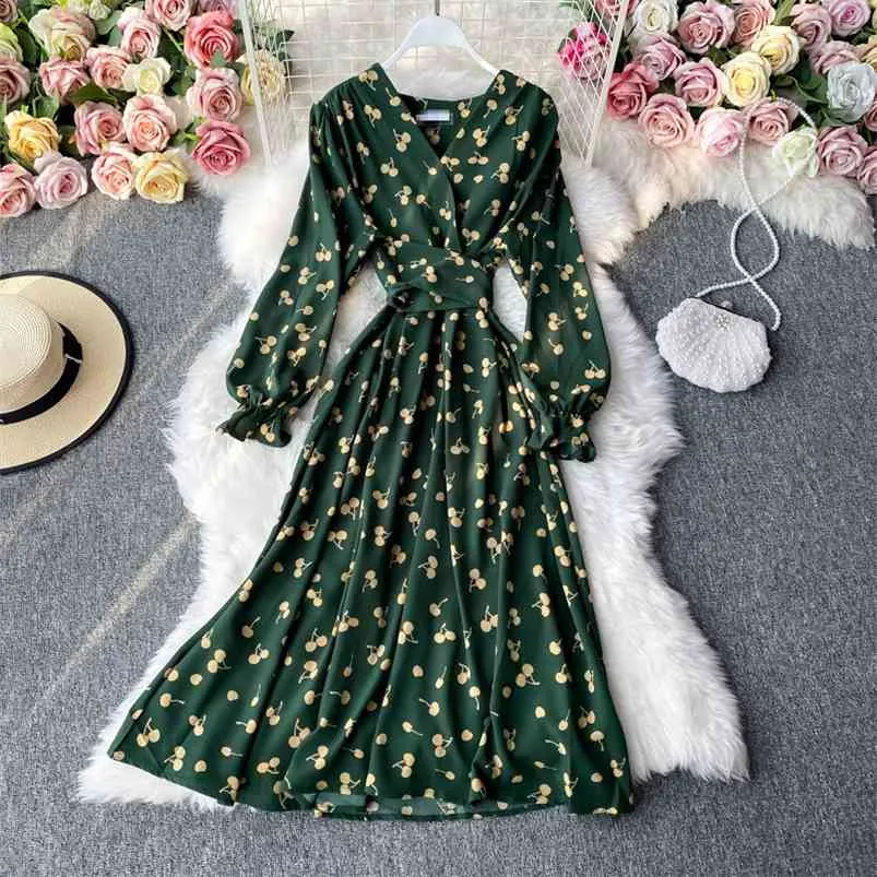 Damska Jesień Naciste Talii V-Neck Bandaż Suknie Panele Drukuj Duży Swing Midi Sukienka Lace Up Petal Rękaw Vestidos GK389 210507