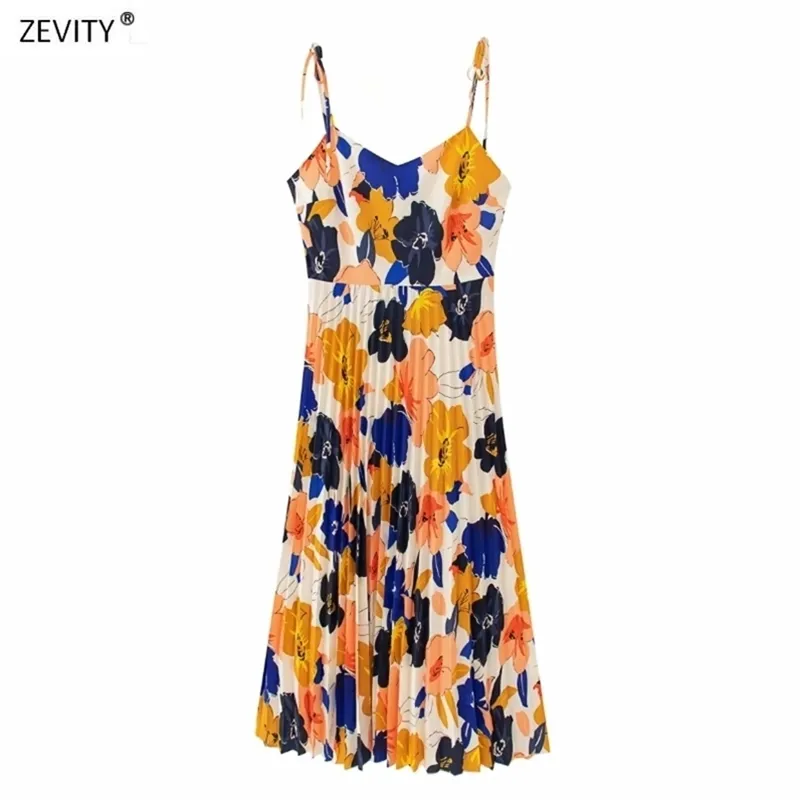 Kobiety Wakacje Kwiat Druku Plisowany Sling Sukienka Kobieta Spaghetti Pasek Vestidos Chic Casual Summer Slip Dresses DS3736 210420