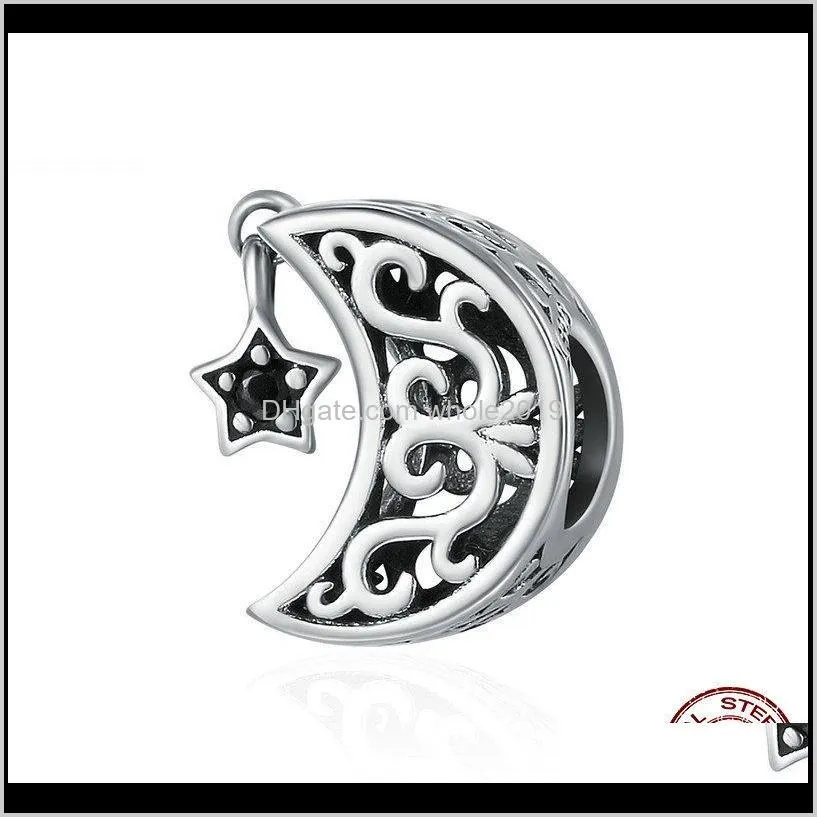 100% 925 sterling silver openwork moon and star goodnight charm beads fit bracelet diy jewelry valentine day gift