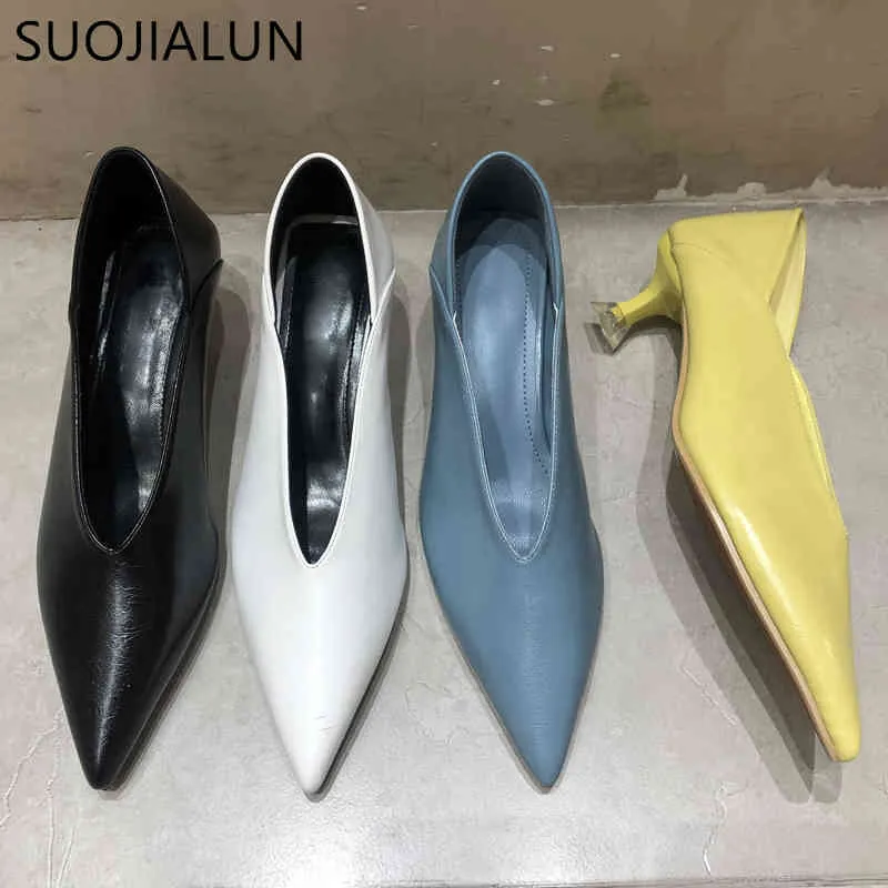 SUOJIALUN 2021 femmes pompes minces talons bas sandales chaussures pour femme bout pointu peu profond sans lacet travail chaussures femme élégant pompes C0407