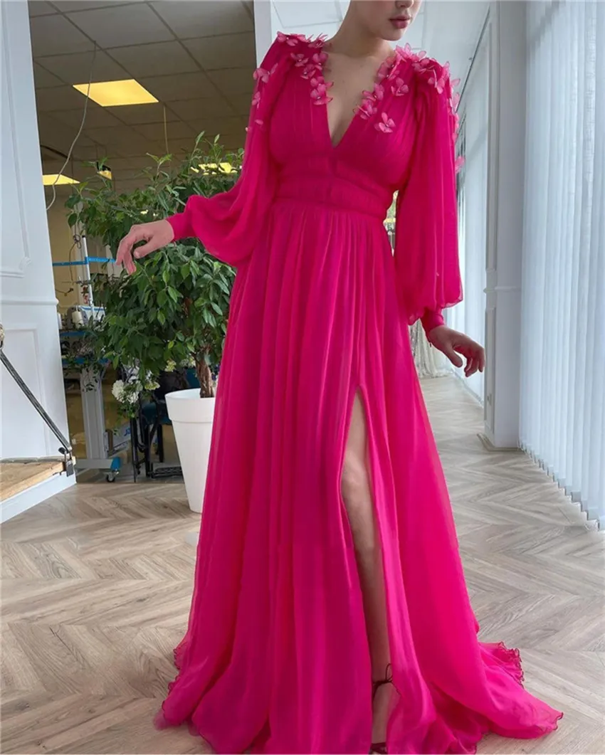 Nuovi abiti da ballo in chiffon rosa 2021 luminosi abiti lunghi maniche a sfera a v fenditura a fenditura da sera con fiori di farfalla da 3 d