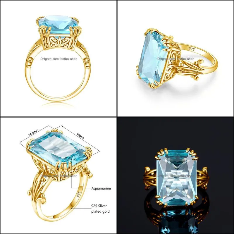 Szjinao Aquamarine Rings 925 Sterling Silver Women 14K Gold Color Blue Topaz Ring Punk Jewellery Rectangle Silver 925 Jewelry Y1124