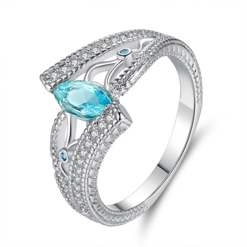 Luxury Sea blue Horse eye Zircon Crystal Finger rings for women Ladies girls Engagement Wedding party jewelry Bague femme Anel