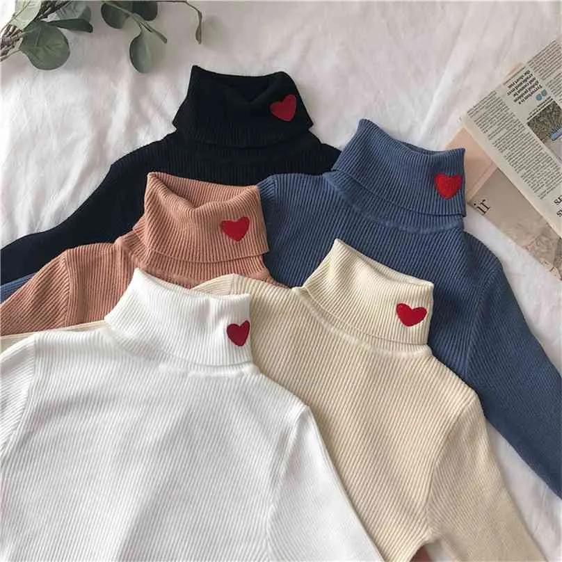 Knitted Women Sweater Ribbed Pullovers Heart Embroidery Turtleneck Autumn Winter Basic Women Sweaters Fit Soft Warm Tops 210918