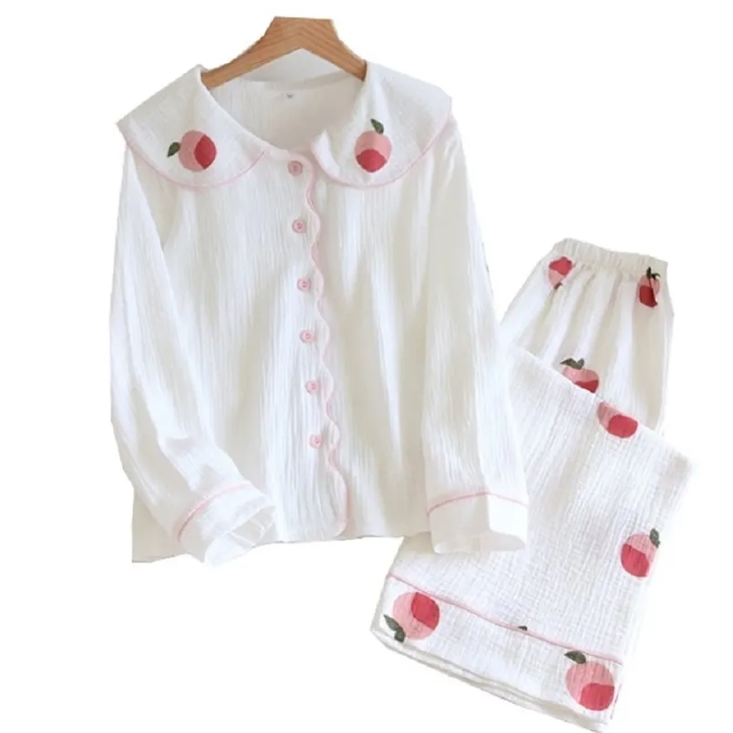 Dock Collar Spring Women Cute Cartoon Peach Print Pyjamas Set 100% Gaze Bomull Full-Sleeve 2pcs Sleepwear Casual Wear 211211