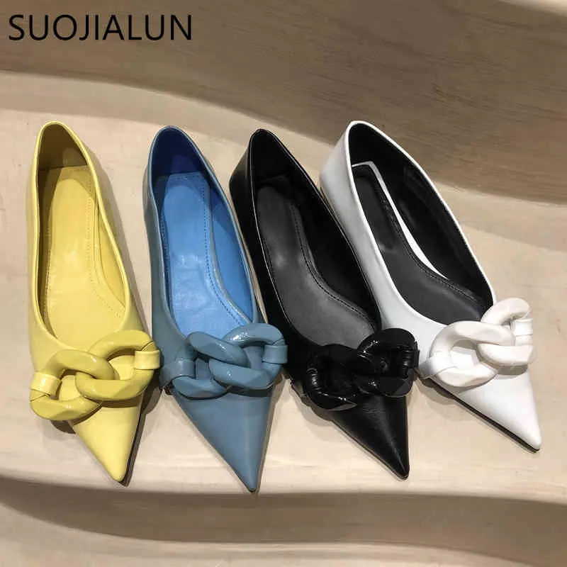 SUOJIALUN 2021 marque conception chaîne boucle chaussures plates femmes talon plat Ballet bout pointu sans lacet femme ballerine mocassins décontractés C0407