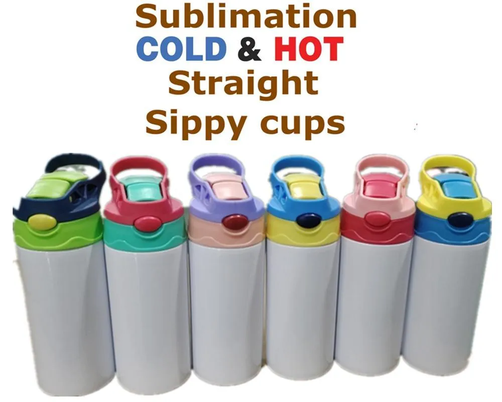 US Stock 12oz sublimering Straight Sippy Cup Children Water Bottle 350 Ml Blank Vit Portabelt rostfritt stål Vakuumisolerat Drinking Tumbler för barn 6 färger