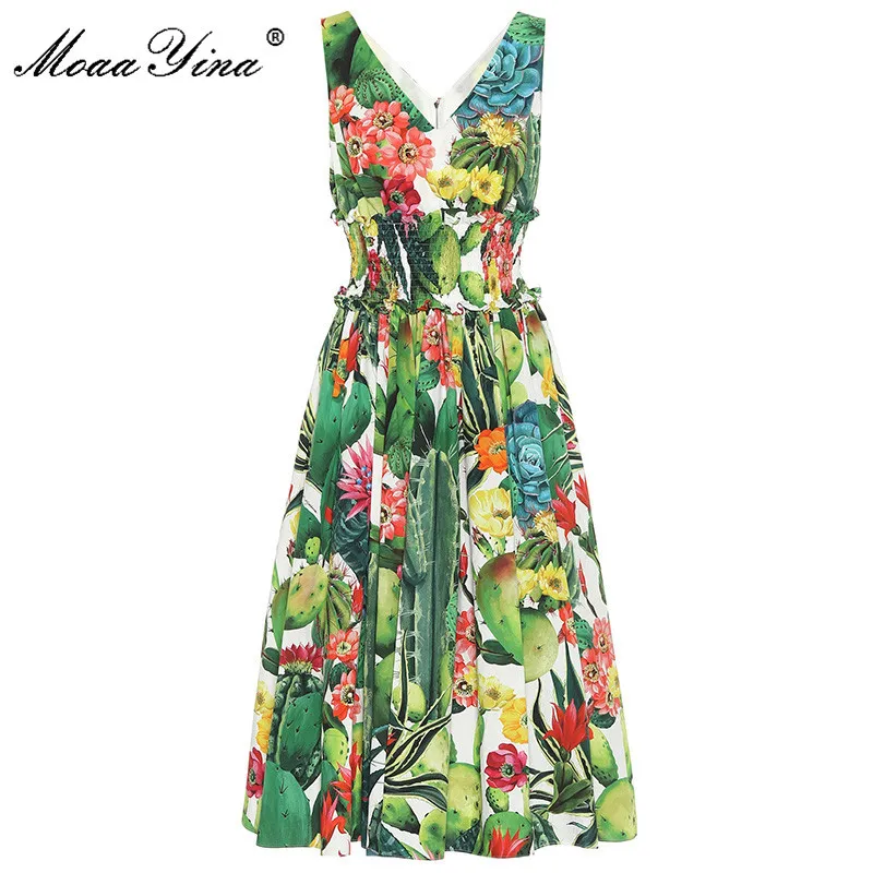 Créateur de mode robe femme été robe en coton pour femme col en V Cactus imprimé fleuri taille élastique robes 210524