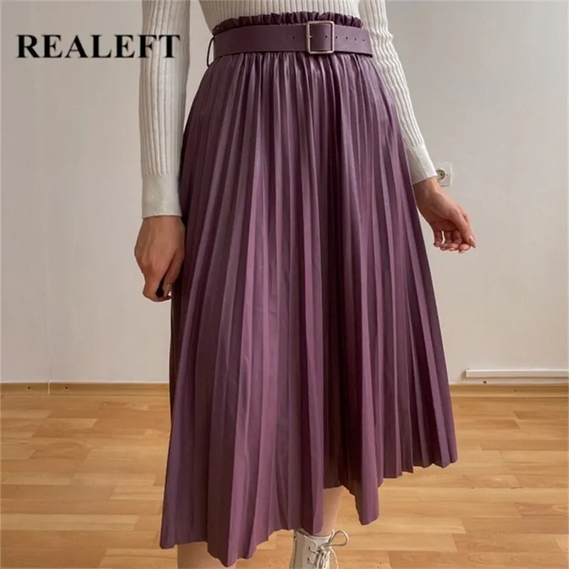 REALEFT Women Stylish Faux PU Leather Pleated Skirts with Belted Autumn Winter Female High Waist Umbrella Chic Skirts 211120