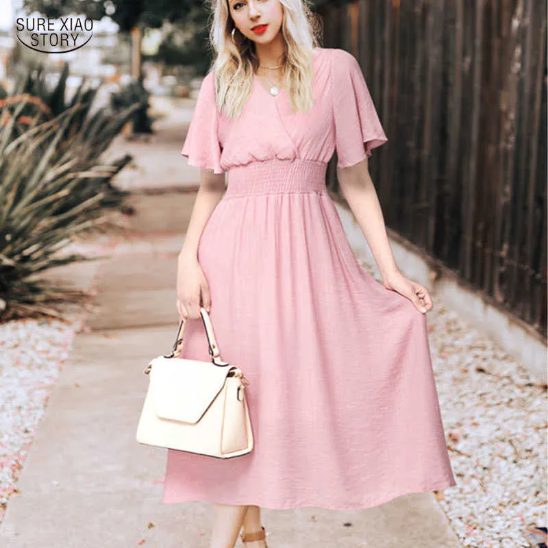 Vestidos 짧은 소매 플러스 사이즈 여성 쉬폰 드레스 여름 Backless V 넥 화이트 블랙 핑크 살구 미디 드레스 5080 50 210527