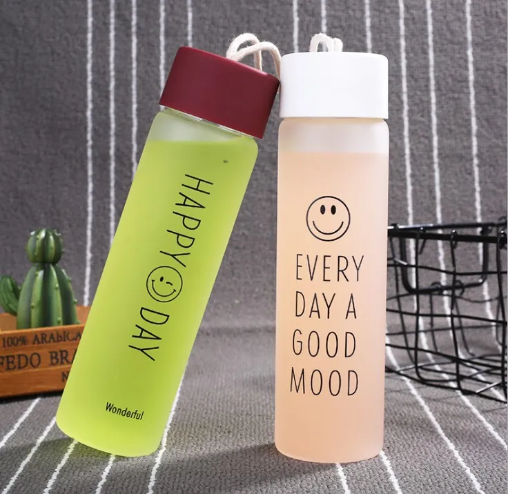 Creative trend frosted glass portable Water Bottles cute smiley cup customizable logo gift male and female students fresh