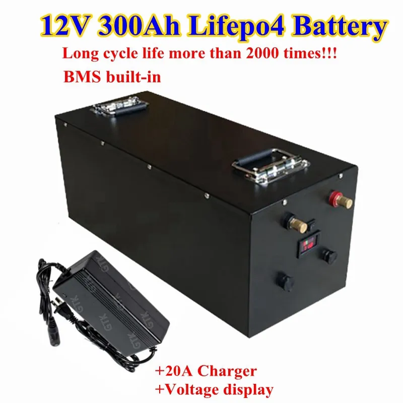 Batterie au lithium Lifepo4 12V 300Ah 400Ah avec BMS pour camping-car caravane système solaire yacht AGV panneau solaire stockage d'énergie + chargeur 20A