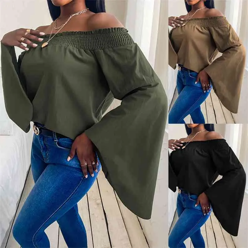 Spring Fashion T-shirt Slash Neck Folds Lantern Sleeve Elegant Pullover Loose Casual Solid Color Tops Lady Sexy Tees 210517